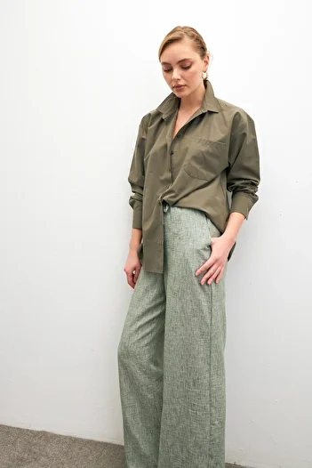 Ladima Women's Khaki Oversize Basic Pocket Detailed Poplin Long Sleeve Shirt