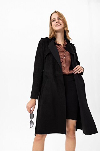 ŞİMAL Women's Suede Coat with Belt Detail - 245300