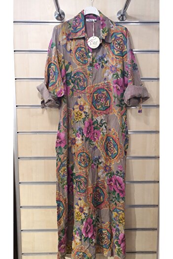 Park Moda Μακρύ λινό φόρεμα Ethnic Floral μοτίβο