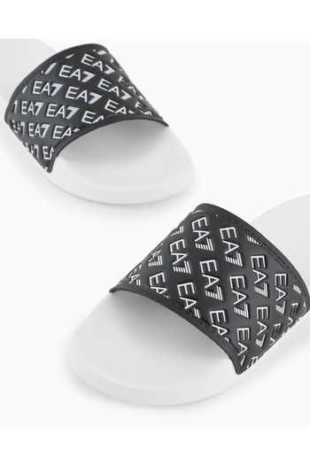 EA7 Unisex Ea7 Text Patterned Comfortable Flat Sole White Slippers 7X 000109   Af15125-Fc079