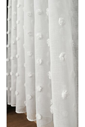 Yuka Ecru Linen Tulle Curtain with Flower Detail 1/3 Dense Pleats Does Not Crease Ironing Skirt with Lead