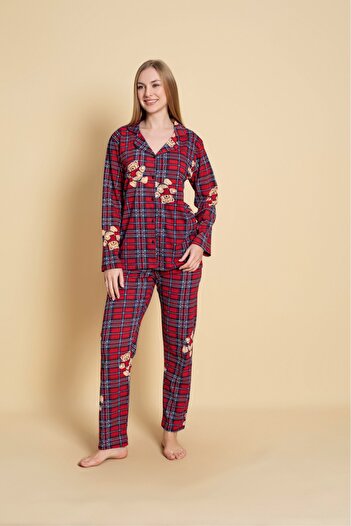 Sude HOMEWEAR Women's Shirt with Teddy Plaid Patterned Pajama Set