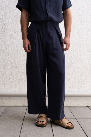 GIESTO Pleated Draped Navy Blue Trousers