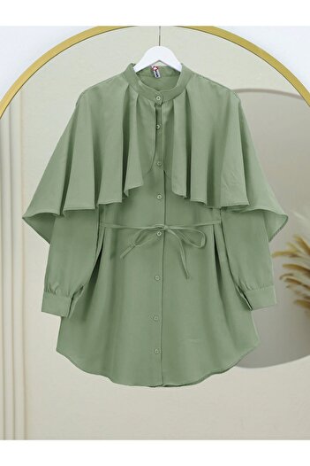 Modamorfo Poplin Shirt with Stand Collar and Cape Detail -Çağla Y.