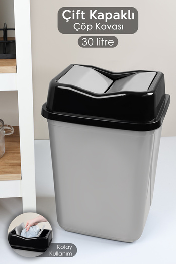 Meleni Home Double Lid Plastic Trash Can - Home Office Bathroom Kitchen Trash Can Gray 30 Liters