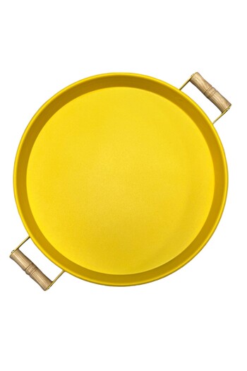 hemlife 30 cm Metal Tray with Wooden Handle - Yellow Tea / Coffee / Presentation Tray