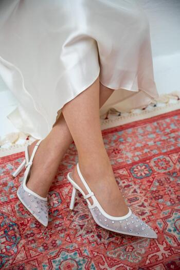 LAMİNTA Sensu White Mesh Stone Embroidered Women's Heeled Shoes