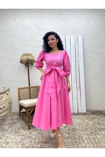 KÜÇÜĞÜM BUTİK Pink Big Bow Flared Poplin Dress