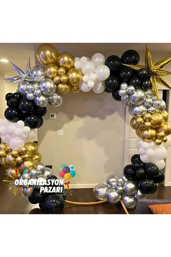Organizasyon Pazarı Balloon Set Chrome Gold-Chrome Silver-Black-White 60-Piece Balloon Chain Set