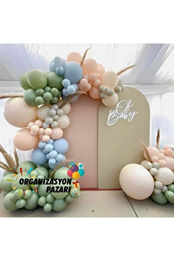 Organizasyon Pazarı Balloon Set Eucalyptus-Macaron Blue-Macaron Salmon-Milk Coffee 60-Piece Balloon Chain Set