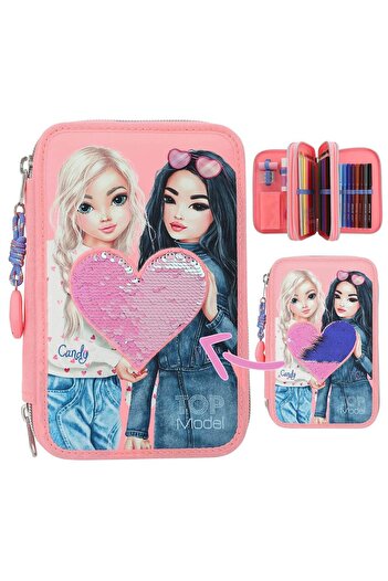 Top Model Pencil case equipped with 3 zippers Love with sequins
