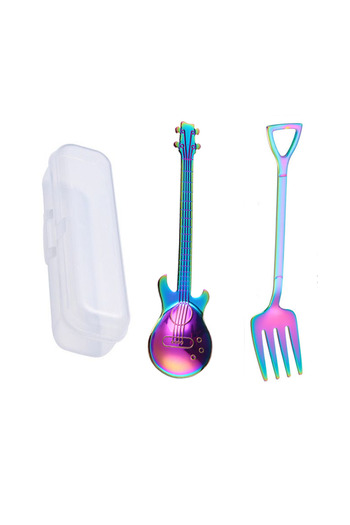 jojobebek Stainless Steel Spoon with Rainbow Color Guitar Design and Stainless Steel Fork + Storage Box