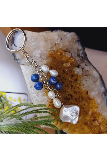 arzela Natural Stone Keychain Baroque Pearl Lapis and Lazuli Consonance