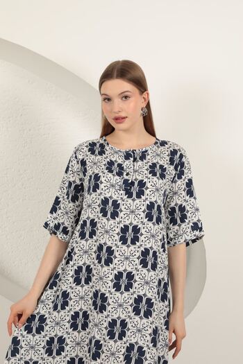 BEEMU Viscose Fabric Patterned Dress-Navy Blue