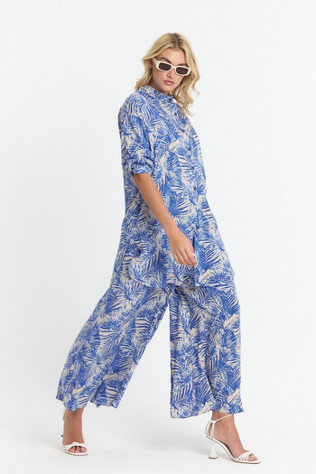 bacc Indigo Floral Patterned Long Tunic and Trousers Woven Viscon Bottom Top Set Bcvl-25V053-2