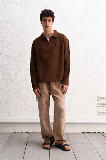 GIESTO Long Sleeve Brown Shirt with Buttons on the Collar