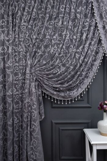 farbateks Gray Shawl Design Beaded Double Breasted Curtain Yanki Tulle Theater Model Curtain