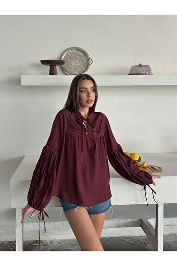 BELLA FASHION Embroidered Blouse with Lace-Up Collar