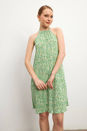 MODAGEN Women's Green Patterned Halter Short Dress