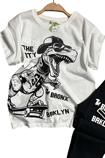 Riccotarz Boys Dinosaur and Skateboard Printed Black Pajama Set with Text Detail
