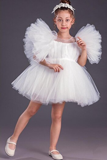 Le Mabelle White Pearl Girl's Tulle Dress with Crown Accessories - Hannah