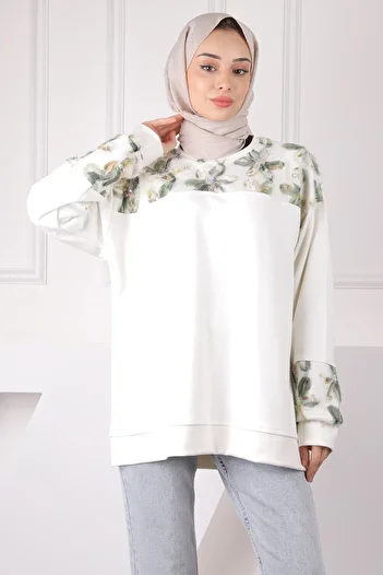 İmajButik Modal Sweat with Cream Tulle Flower Garnish