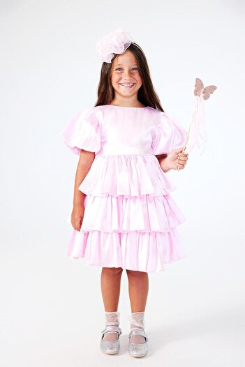 Le Mabelle Gabriela - Pink Satin Girl's Dress, Layered Skirt