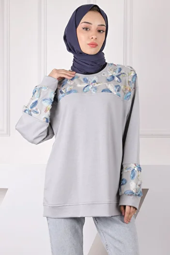 İmajButik Gray Tulle Flower Garnished Modal Sweat