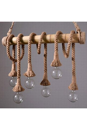 A F N LIGHTING Vintage Bamboo Rope Chandelier 6 Heads Thick Hemp Rope Industrial Ceiling Pendant Light