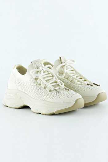 Erkan Saçmacı Beige Knitted Woven Stone Detailed Lace-Up Slip-On Sneaker