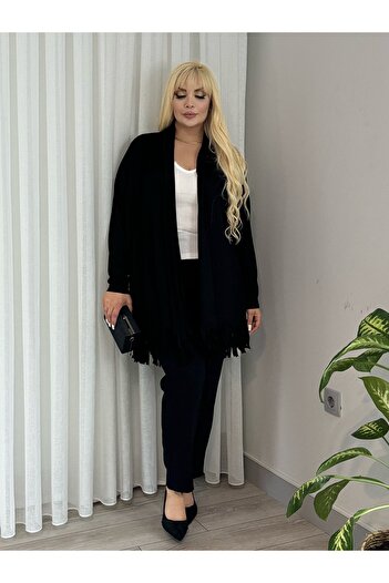 MODA Women's Plus Size Asymmetric Cut Tasseled Flexible Loose Cardigan