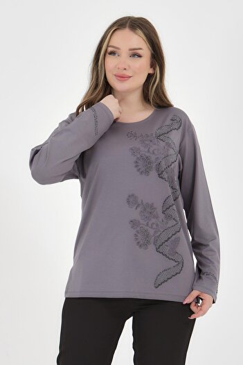 Ravencia Women's Middle Age and Above Viscose Spiral Pattern Stone Embroidered Lycra Gray Mother Combed Cotton Blouse