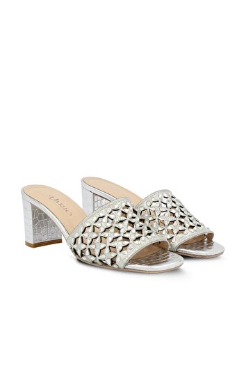 Vario Patterned Thick Heeled Slippers Silver Crocodile Print C2699 (Si̇lver Crocodi̇le Pri̇nt)