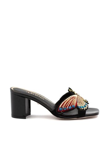Vario Butterfly Patterned Heeled Slippers Black Suede - Black Patent Leather C2157