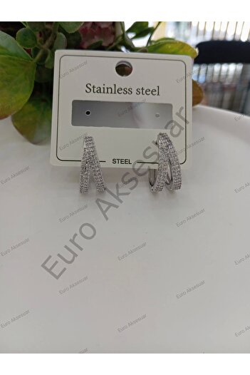 stainless steell Silver Color Double Stone Detail Steel Earrings