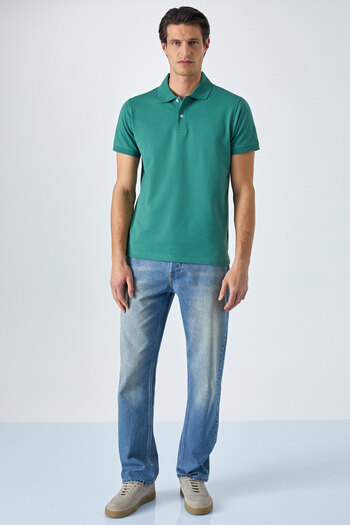GRIMELANGE Monaghan Men's Polo Neck Relaxed Fit Placket Button Short Sleeve Green T-Shirt
