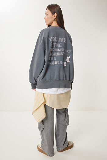 Lovelyİstanbul Faded Effect Oversize Sweatshirt with Slogan: Gray Lus0091