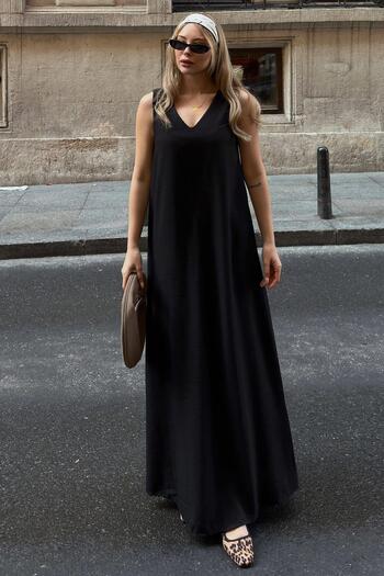 Swist Black Front Back V Neck Zero Sleeve Linen Blend Women Midi Dress