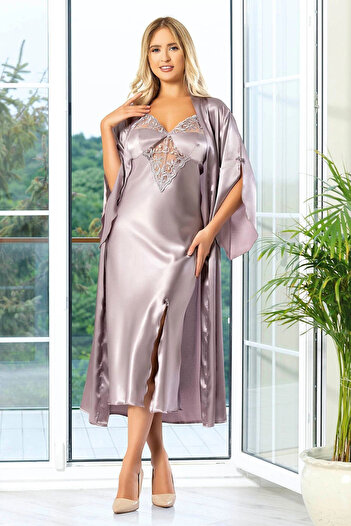 bacc Women's Mink Satin Lace Detailed Nightgown Dressing Gown Double Set Bcan- 252609 Fa