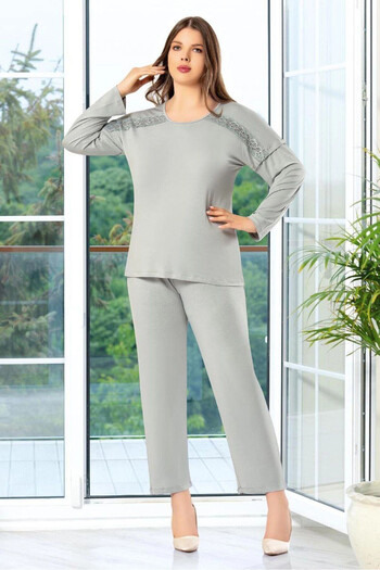 bacc Women's Gray Lace Detailed Oversize Pajama Set Bcan- 258810 Fa