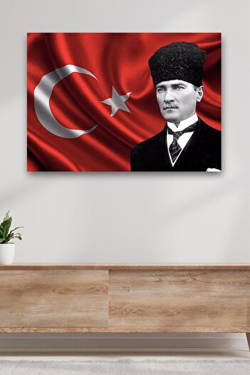 Sanat Tablo Atatürk Ve Türk Bayrağı Kanvas Dekoratif Duvar Tablosu Baskılı