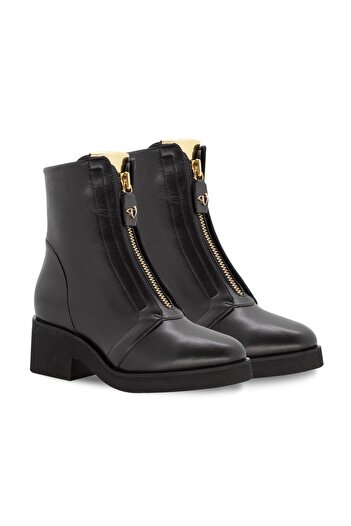 Vario Genuine Leather Front Zipper Women's Thick Heel Boots Black (Black)