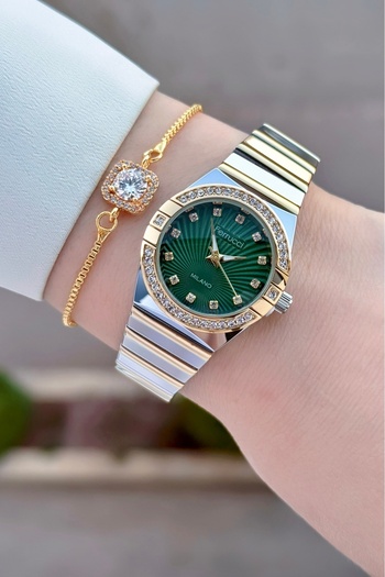 Ferrucci 28mm Women's Wristwatch and Bracelet with Dial Green Yellow Grey Color Adjustable Band