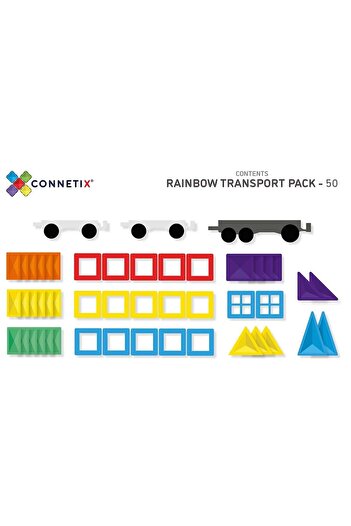 Connetix Magnetic Construction Set, 50 Pieces, Geometric Shapes, Car Wheels, Rainbow Transport Pack