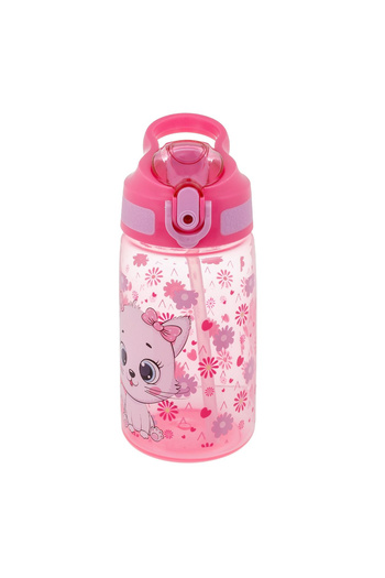 Micostore Children's Water Bottle, Bottle With Straw And Handle, 500 Ml, Pink Kitty, Pop Up, For School And Kindergarten