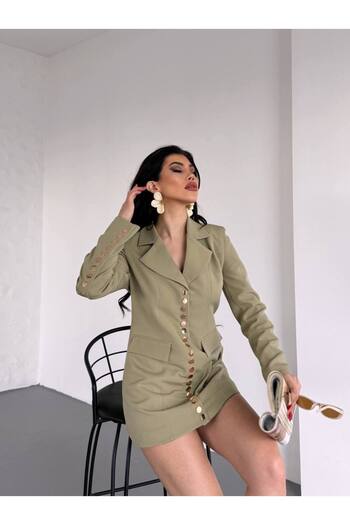 ZF BUTİK Trend Women's Gold Snap Detailed Design Long Blazer Jacket
