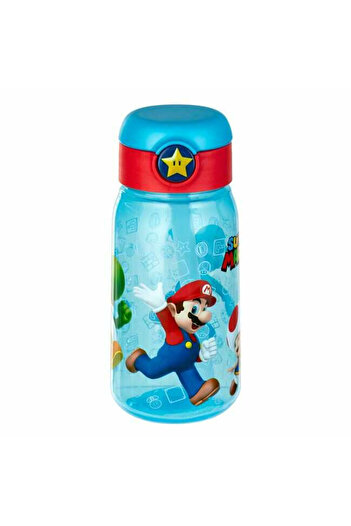 Micostore Children's Water Bottle, Bottle With Straw, 500 Ml, Super Mario, Transparent Blue, Pop Up, School And Kindergarten