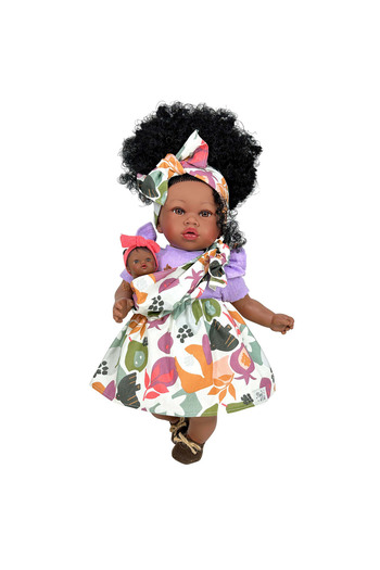 OEM Papusa Nines D'onil, Maria Afro, Cu Sunete, Cu Bebelus, Cu Rochie Mov, Cu Miros De Vanilie, 45 Cm