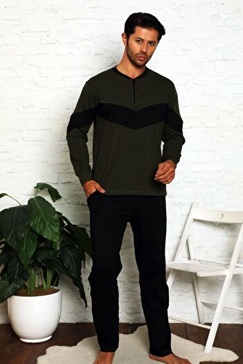 ALİMER Khaki O-neck Placket Buttoned Long Sleeve Pocket Lycra Combed Men's Pajama Set Edy1182uk-h