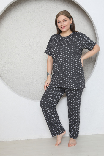 FAMES PİJAMA Plus Size Long Sleeve Seasonal Star Patterned Pajama Set